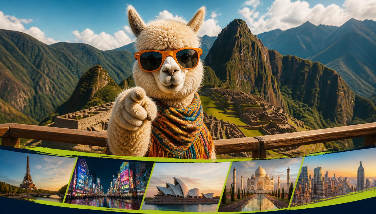 Alpaca viajera con gafas de sol en Machu Picchu y un collage de destinos: París, Tokio, Sídney, Taj Mahal y Nueva York